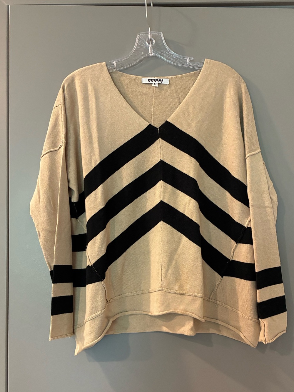 Paper V-Neck Chevron Stripe Sweater in Beige and Black